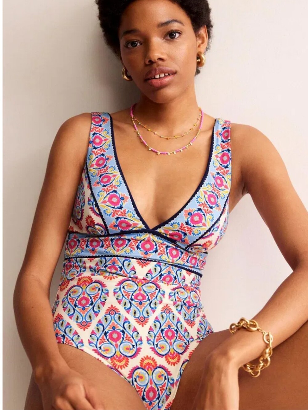 BODEN Porto V-Neck Swimsuit One Piece Sz 6 Regular NWT Pink/blue/ivory